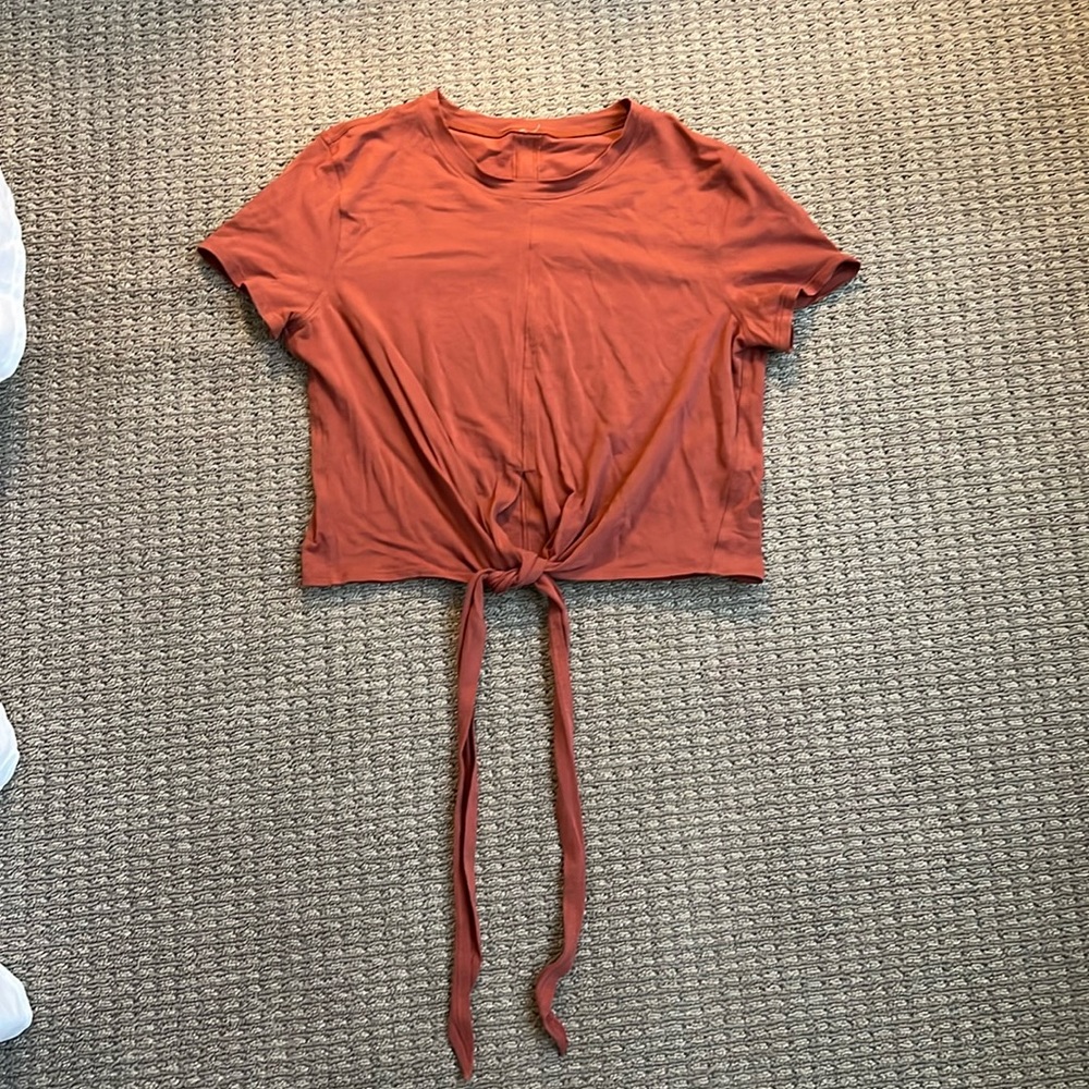 Lululemon Time to Restore Orange Cropped Tie Shortsleeved Shirt
